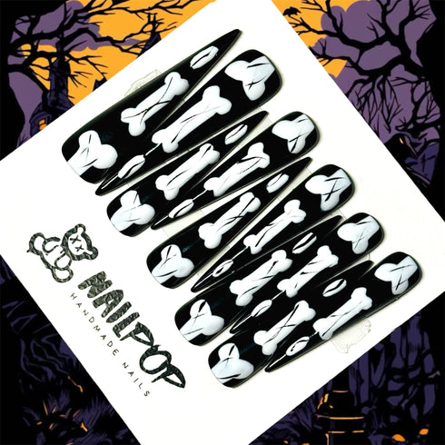 Spectral Splendor - Halloween, Extra Long, Stiletto, Black, White, Bones