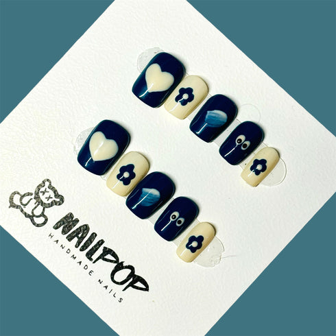 Playful Blue & Cream - Short, Square, Blue, White, Cute