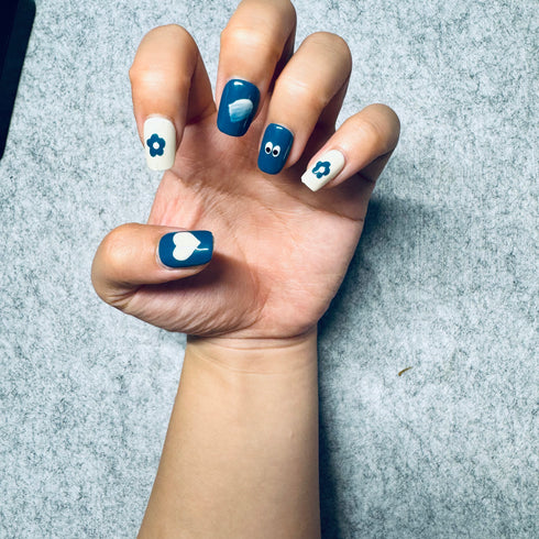 Playful Blue & Cream - Short, Square, Blue, White, Cute