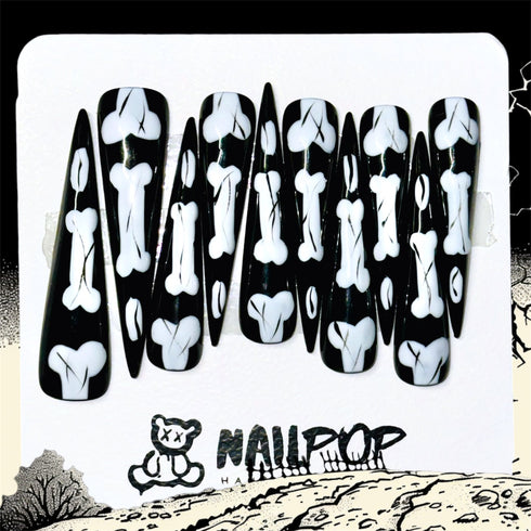 Spectral Splendor - Halloween, Extra Long, Stiletto, Black, White, Bones