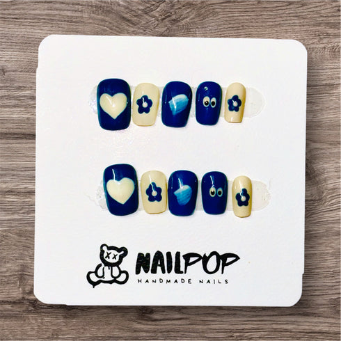 Playful Blue & Cream - Short, Square, Blue, White, Cute