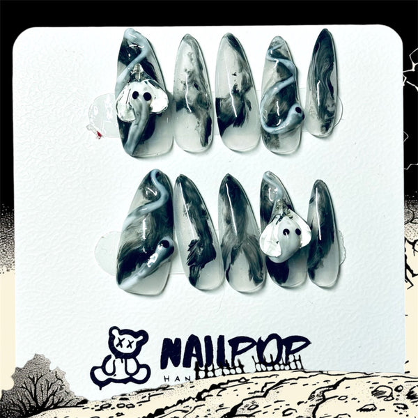 Haunted Marble - Halloween, Long, Stiletto, Black, White, Ghost