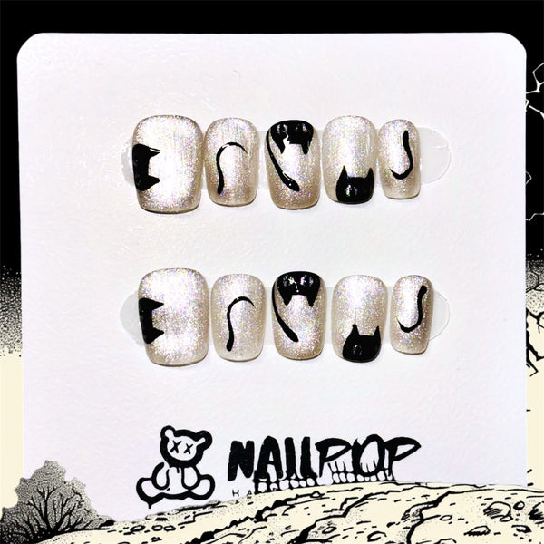 Mystic Cat Glitter Nail Set - Halloween, Short, Square, Cat, Glitter, Animal