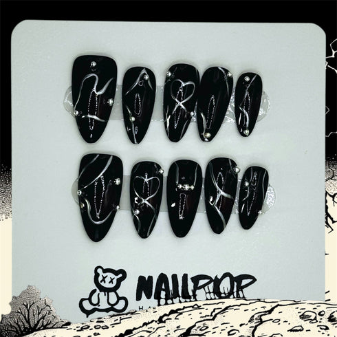 Noir Whispers - Halloween, Medium, Almond, Black, Silver