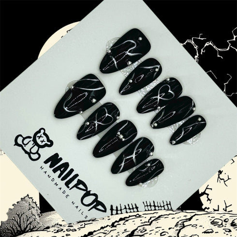 Noir Whispers - Halloween, Medium, Almond, Black, Silver