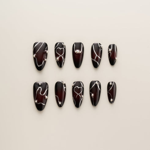 Black Cherry Silver Heart Wire - Long, Almond