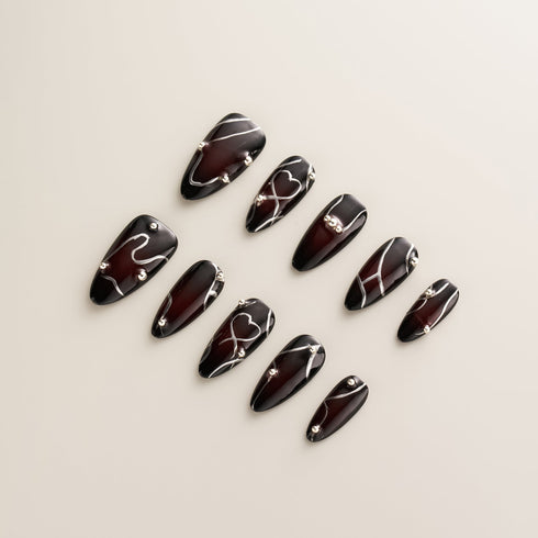 Black Cherry Silver Heart Wire - Long, Almond