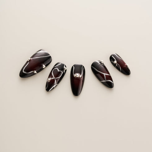 Black Cherry Silver Heart Wire - Long, Almond