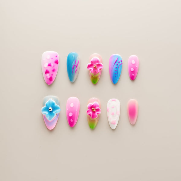 Cotton Candy Pink Blue Bloom - Long, Almond