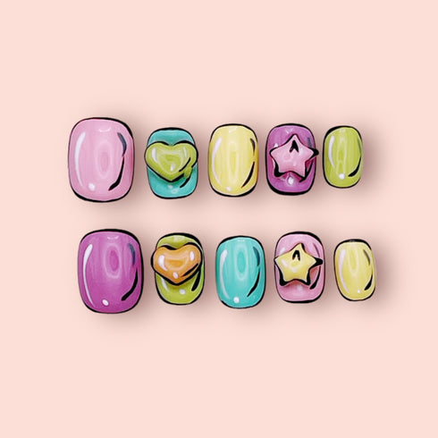 Rainbow Hearts Delight (Short) - Hand Painted Press On Nails Glue On, False Gel Press-on, 3D Acrylic Nail Cute Gift for Her, Square