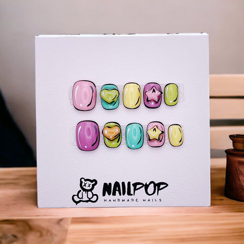 Rainbow Hearts Delight (Short) - Hand Painted Press On Nails Glue On, False Gel Press-on, 3D Acrylic Nail Cute Gift for Her, Square