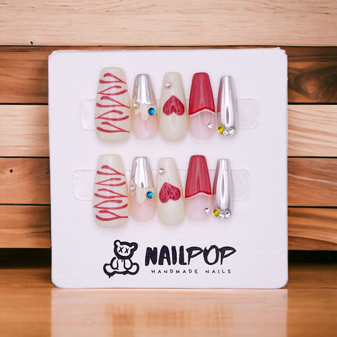 Love Letters - Hand Painted Press On Nails Glue On, False Gel Press-on, 3D Acrylic Nail Cute Gift for Her, Long Ballerina