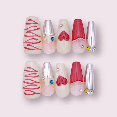 Love Letters - Hand Painted Press On Nails Glue On, False Gel Press-on, 3D Acrylic Nail Cute Gift for Her, Long Ballerina