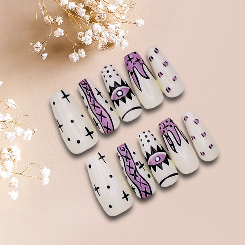 Midnight Mystique - Hand Painted Press On Nails Glue On, False Gel Press-on, 3D Acrylic Nail Cute Gift for Her, Coffin