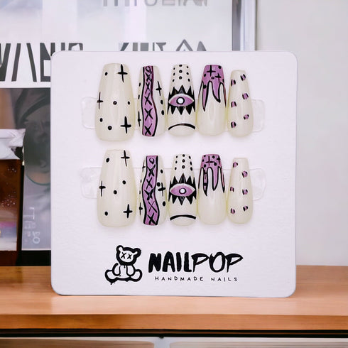 Midnight Mystique - Hand Painted Press On Nails Glue On, False Gel Press-on, 3D Acrylic Nail Cute Gift for Her, Coffin