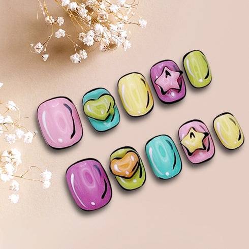 Rainbow Hearts Delight (Short) - Hand Painted Press On Nails Glue On, False Gel Press-on, 3D Acrylic Nail Cute Gift for Her, Square