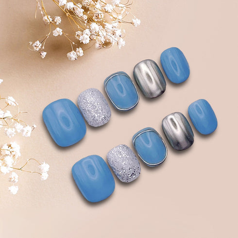 Azure Aurora - Hand Painted Press On Nails Glue On, False Gel Press-on, 3D Acrylic Nail Cute Gift for Her, Short Round