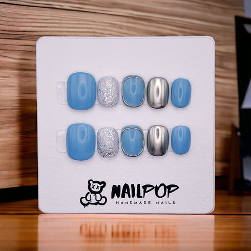 Azure Aurora - Hand Painted Press On Nails Glue On, False Gel Press-on, 3D Acrylic Nail Cute Gift for Her, Short Round