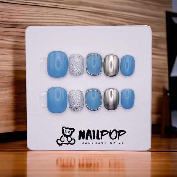 Azure Aurora - Hand Painted Press On Nails Glue On, False Gel Press-on, 3D Acrylic Nail Cute Gift for Her, Short Round