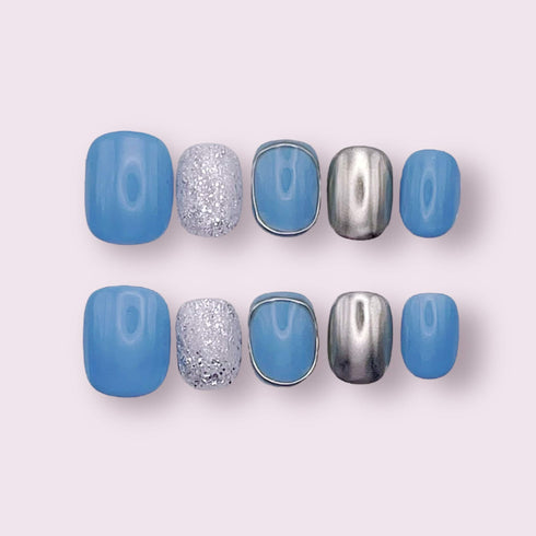 Azure Aurora - Hand Painted Press On Nails Glue On, False Gel Press-on, 3D Acrylic Nail Cute Gift for Her, Short Round