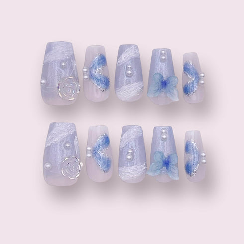 Azure Garden - Hand Painted Press On Nails Glue On, False Gel Press-on, 3D Acrylic Nail Cute Gift for Her, Short Square