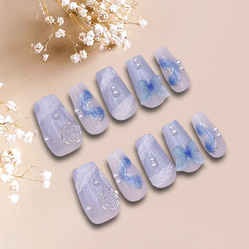 Azure Garden - Hand Painted Press On Nails Glue On, False Gel Press-on, 3D Acrylic Nail Cute Gift for Her, Short Square