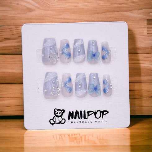 Azure Garden - Hand Painted Press On Nails Glue On, False Gel Press-on, 3D Acrylic Nail Cute Gift for Her, Short Square