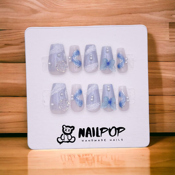 Azure Garden - Hand Painted Press On Nails Glue On, False Gel Press-on, 3D Acrylic Nail Cute Gift for Her, Short Square