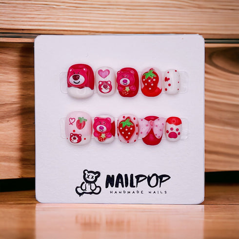 Strawberry Teddy - Hand Painted Press On Nails Glue On, False Gel Press-on, 3D Acrylic Nail Cute Gift for Her, Square