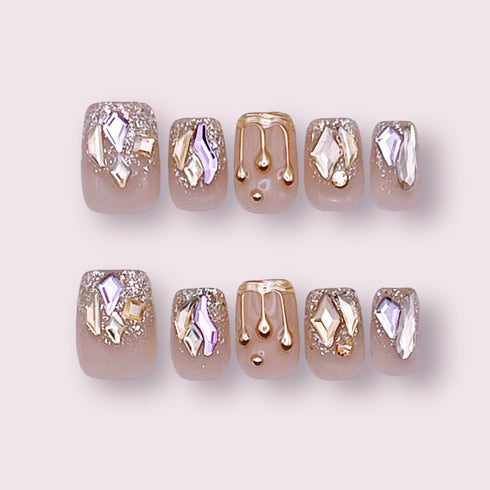 Moonstone Magic - Hand Painted Press On Nails Glue On, False Gel Press-on, 3D Acrylic Nail Cute Gift for Her, Square