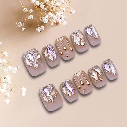 Moonstone Magic - Hand Painted Press On Nails Glue On, False Gel Press-on, 3D Acrylic Nail Cute Gift for Her, Square