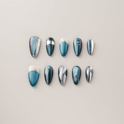 Teal Cat Eye Silver Brush - Long, Almond