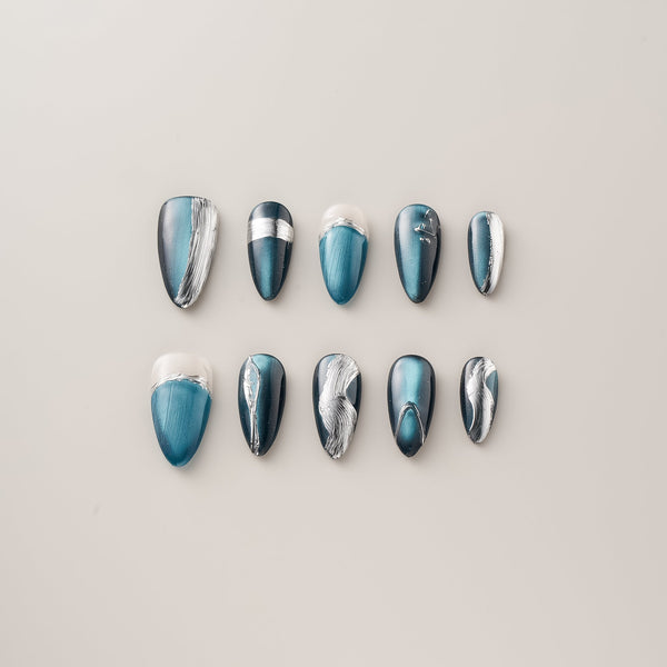 Teal Cat Eye Silver Brush - Long, Almond