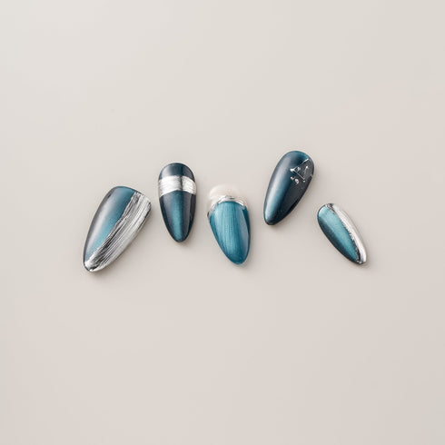Teal Cat Eye Silver Brush - Long, Almond