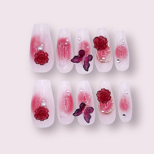 Butterfly Kisses - Hand Painted Press On Nails Glue On, False Gel Press-on, 3D Acrylic Nail Cute Gift for Her, Long Ballerina