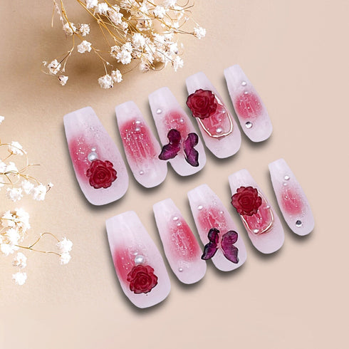 Butterfly Kisses - Hand Painted Press On Nails Glue On, False Gel Press-on, 3D Acrylic Nail Cute Gift for Her, Long Ballerina